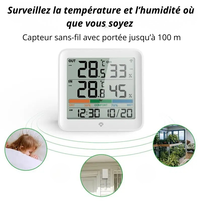 Thermo-hygromètre sans fil – Suivi précis intérieur & extérieur